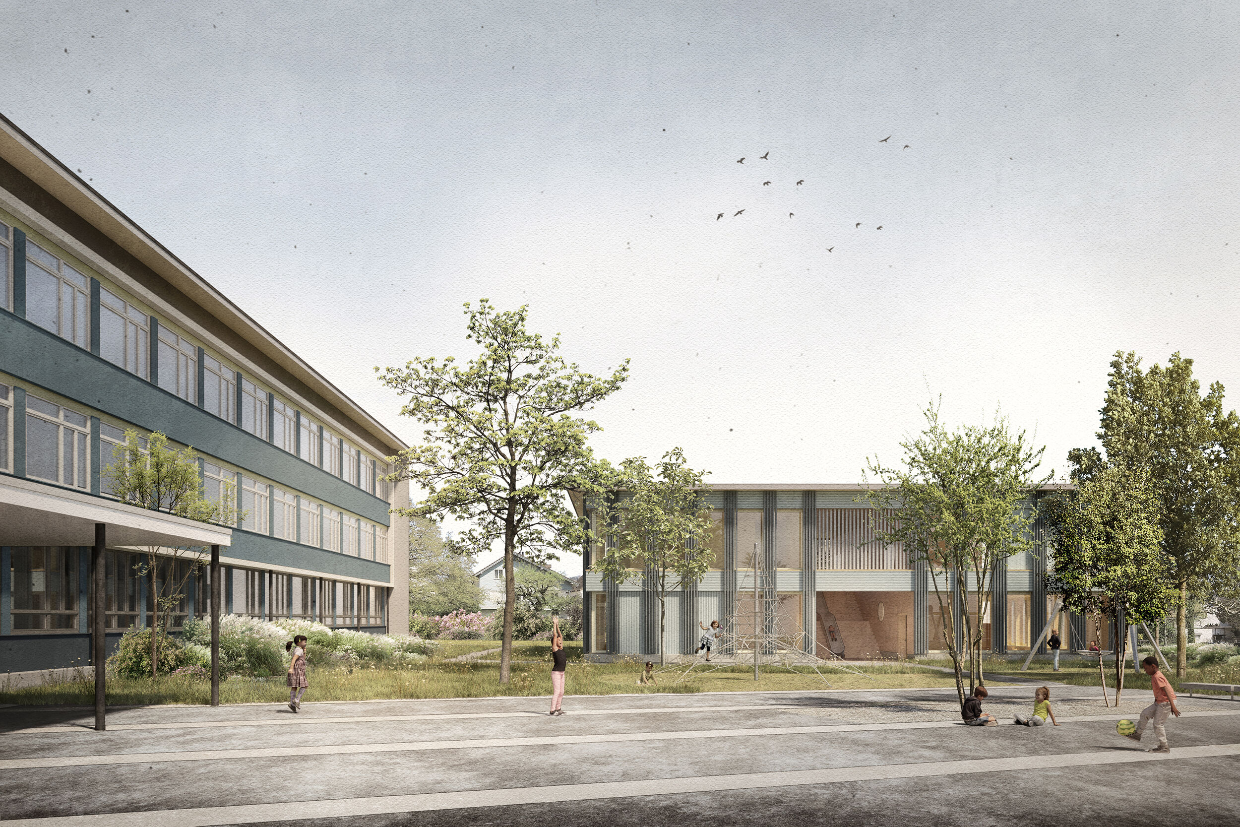 Alt und neu im Einklang – Visualisierung des renovierten Schultrakts Sternmatt I (links) und Neubau Kindergarten