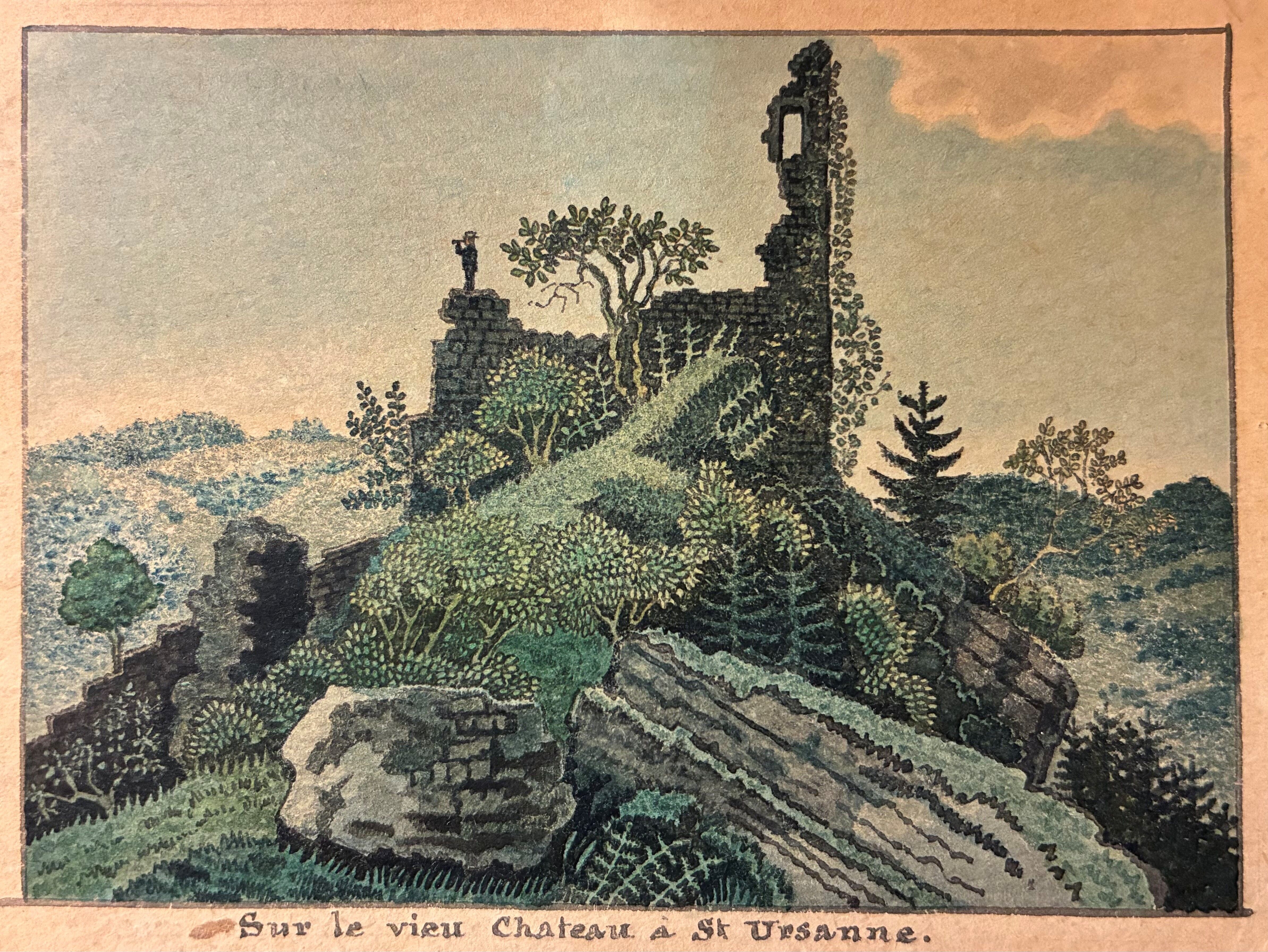Achille Schirmer, "Sur le vieu Chateau à St Ursanne", aquarelle sur papier, 1870. 