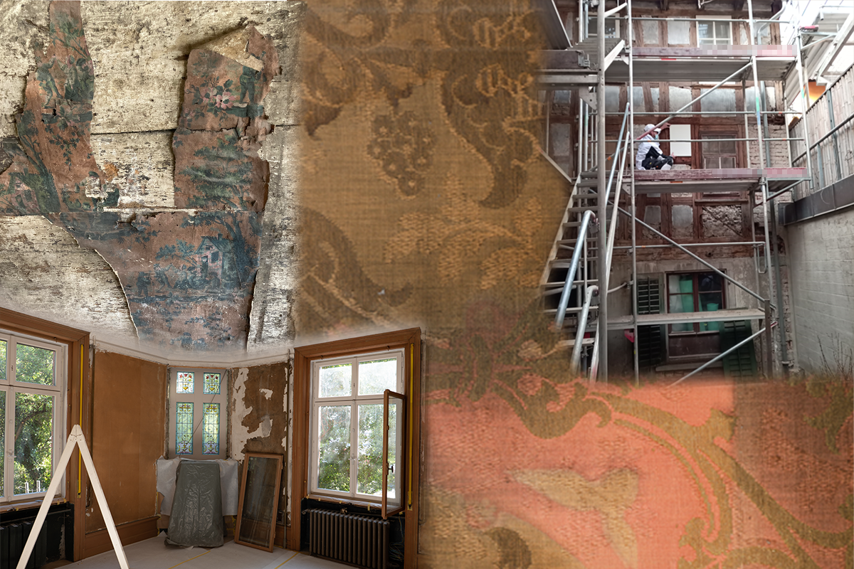 Collage mit verschiedenen Ausschnitten von Baustellen, Tapeten und Baugerüsten
