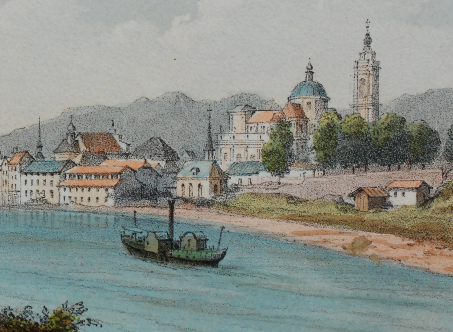 Detail Dampfschiff «Stadt Solothurn» auf der Aare von Isidore Laurent Deroy (Künstler) und Léon-Auguste Asselineau (Lithograf), um 1855. Grafiksammlung Zentralbibliothek Solothurn, a 27.