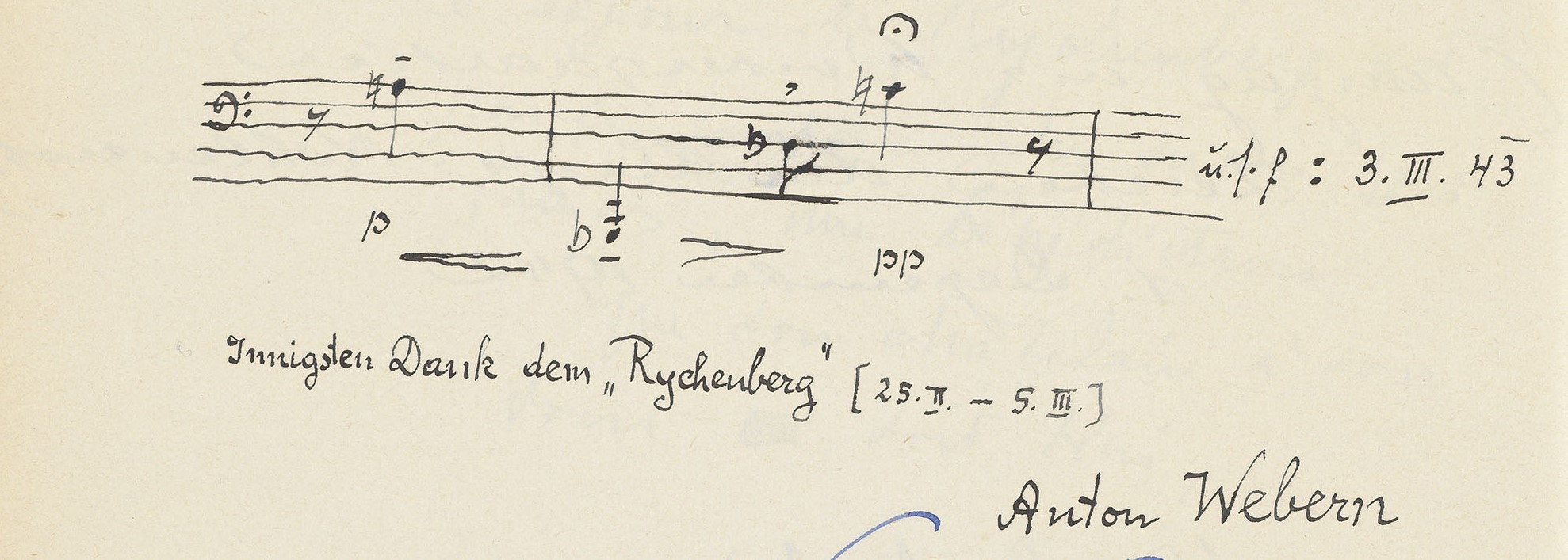 Rychenberger Gastbuch, Eintrag von Anton Webern, 3. März 1943